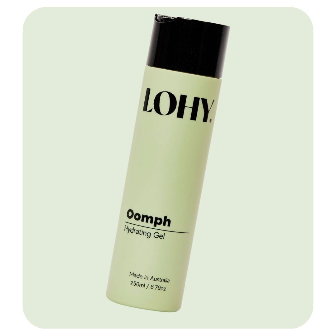 lohy oomph hydrating gel 250ml bottle angled on a pastel green background