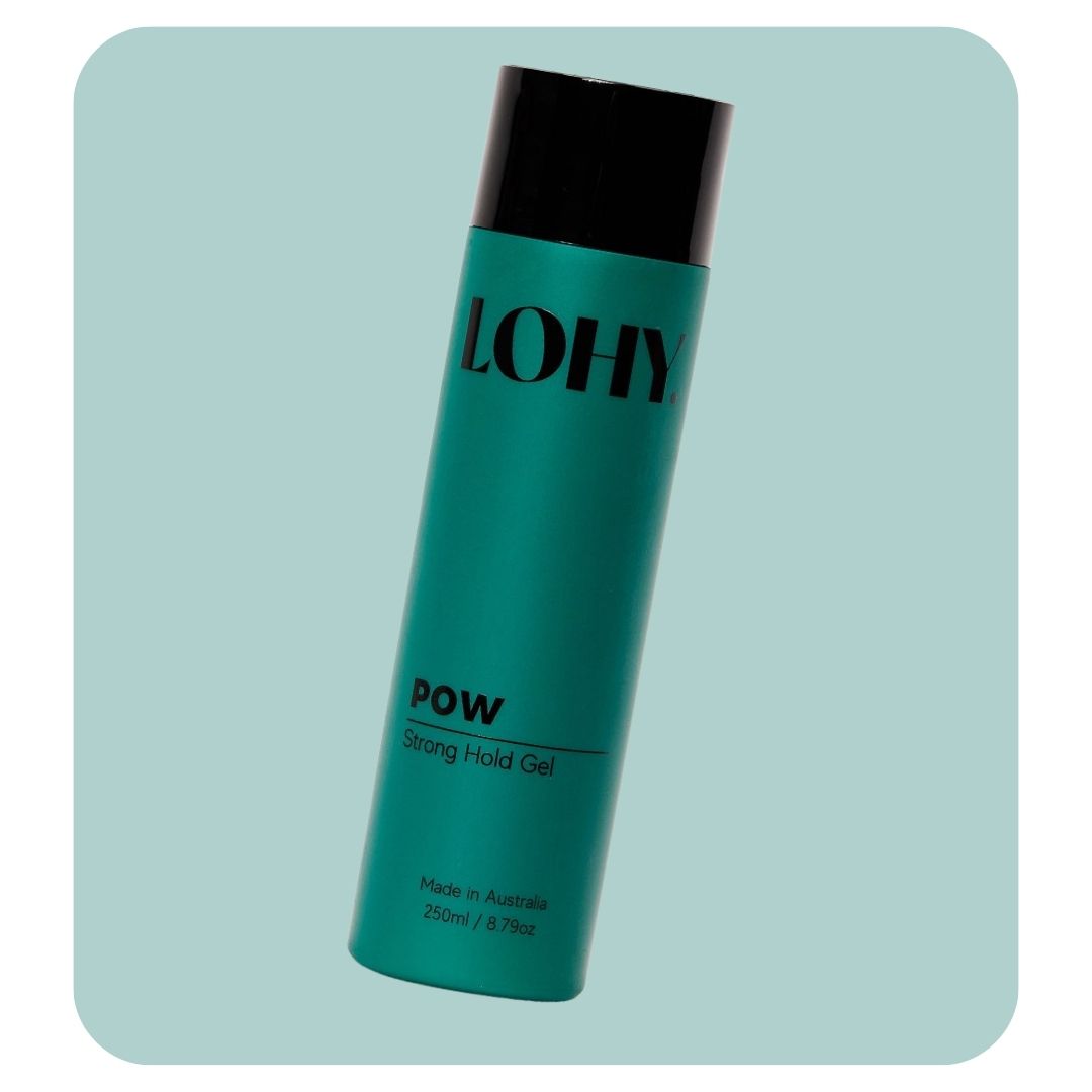 lohy pow strong hold gel for curly hair bottle angled on a pastel green background