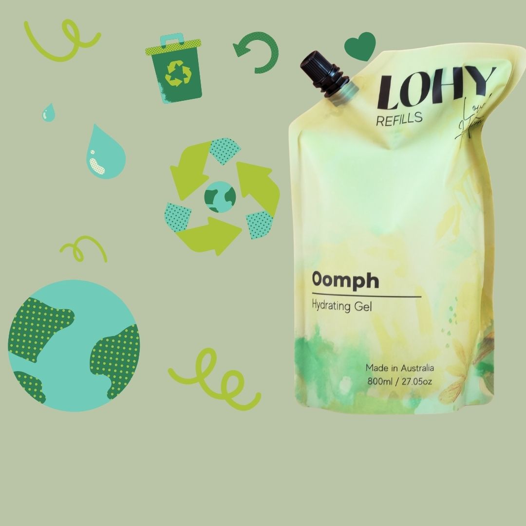 LOHY. Oomph refill pouch with environmental friendly icons, earth graphic and recyclable icons